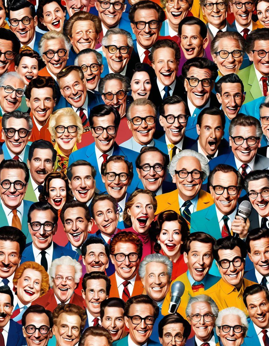 A whimsical collage showcasing exaggerated caricatures of iconic comedians and parody elements, with vibrant colors and playful expressions. Include humorous props like oversized microphones, exaggerated facial features, and absurd backgrounds, blending various comedic styles. The scene should evoke laughter and creativity, reflecting the essence of parody. cartoonish style. vibrant colors. white background.