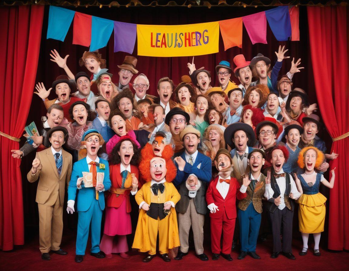 A whimsical scene depicting a lively comedy stage filled with performers engaging in exaggerated parodies of classic characters. The audience bursts into laughter, showcasing a mix of diverse faces enjoying the moment. Vibrant colors illuminate the stage, with playful props and comedic visual gags scattered around. The backdrop features a colorful banner reading 'Unleashing Laughter'. cartoonish style. vibrant colors.