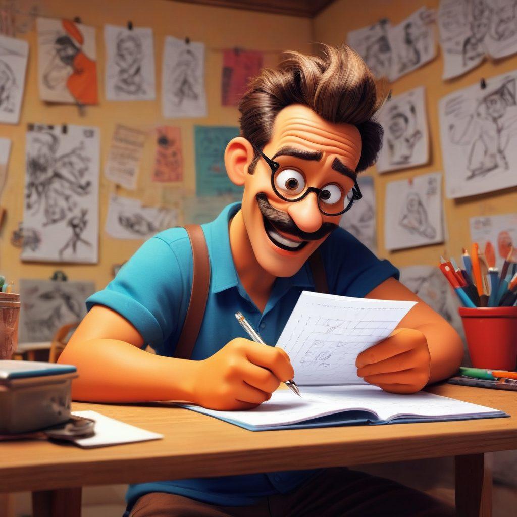 A whimsical scene depicting a cartoon artist sketching a hilarious character on a notepad, while a vibrant screen displays animated scenes of satire and comedy. The artist wears a bemused expression as characters burst with laughter around him. Elements of humor like exaggerated expressions, playful colors, and whimsical props add to the atmosphere. The blending of traditional and digital artistry should be showcased. vibrant colors. super-realistic. cartoonish elements.